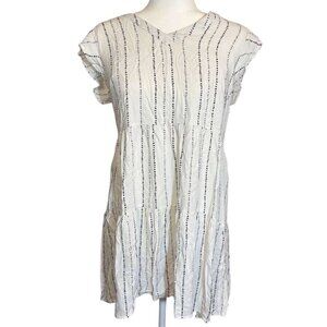Womens Striped White & Black Neutral Babydoll Dress V-Neck Short Sleeve Lined M